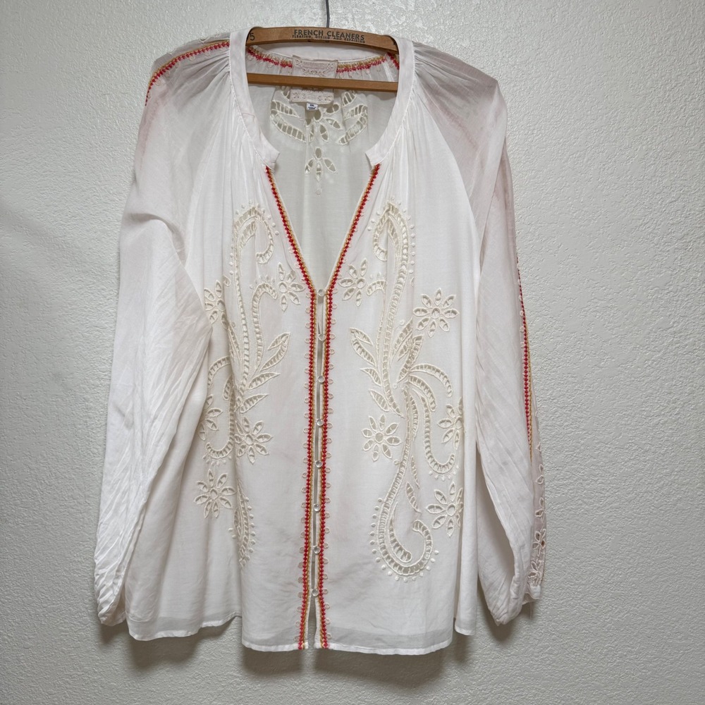 JOHNNY WAS Rosa Sheer Flowy Cotton Silk Embroidered Peasant Blouse Women XXL